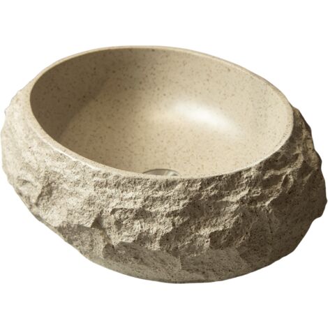Vasque en résine de 50 cm, motif pierre ovale irrégulier, style artistique, sans robinet, beige.