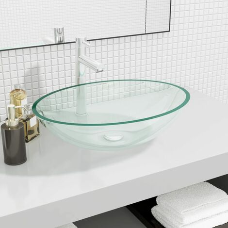 Vasque lavabo avec Trou/ Verre 50x37x14 cm Transparent-Lave-Mains Évier