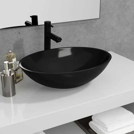Vasque lavabo avec Trou/ Verre moderne Noir luxueux/50x37x14 cm-Lavabo