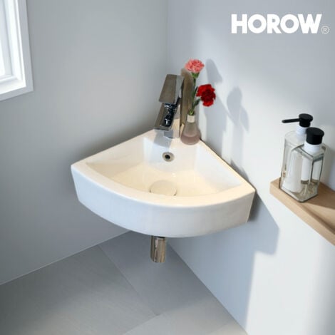 HOROW Vasque Lavabo salle de bain, céramique Petit WC invités, vasque à poser salle de bain montage mural avec trop-plein-46 x 32 x 12.5 cm