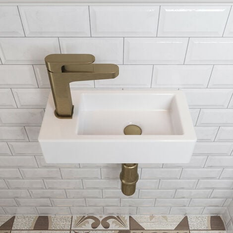 Vasque Lave-Main Meuble - Vasque Suspendue Rectangulaire Blanche pour Vasque Salle de Bain - Trou pour Robinet à Gauche 36.5 x 18 x 9 cm - DeerValley