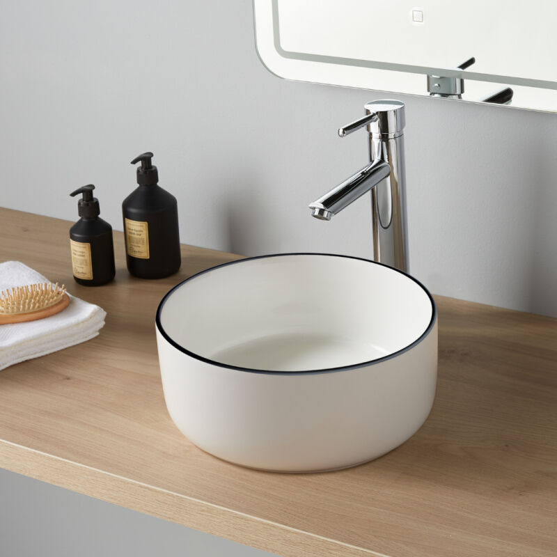 Godart - Vasque lave mains Jany ø25 cm - Blanc liseré noir - Faible diamètre - Rebords fins