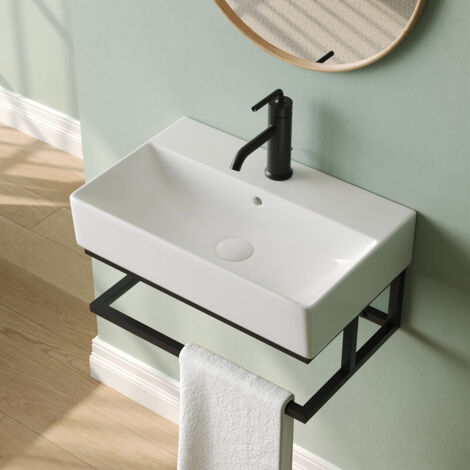 Vasque lave mains mural rectangulaire blanc mat en céramique avec porte-serviettes – Pour petit espace – DeerValley