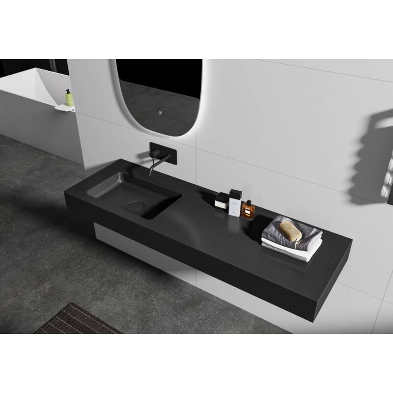 BERNSTEIN - Vasque murale suspendue design en fonte minérale pour salle de bain avec bonde et trop plein - 111x45x12 cm - BA8014 - couleur et console