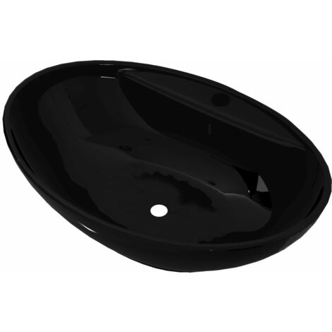 vidaXL Vasque Ovale à Trou Trop-plein Robinet Céramique Lave-mains Noir/Blanc