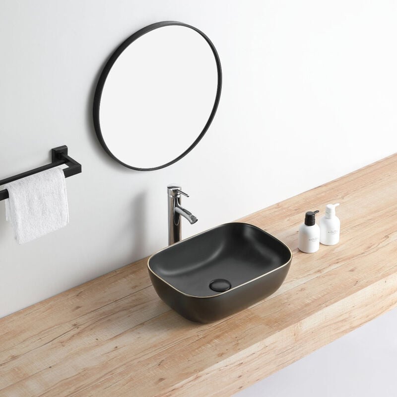 Stano. - Vasque à poser rectangulaire en céramique cuarto 3 coloris 45.5 x 32.5 cm Noir mat liseré doré