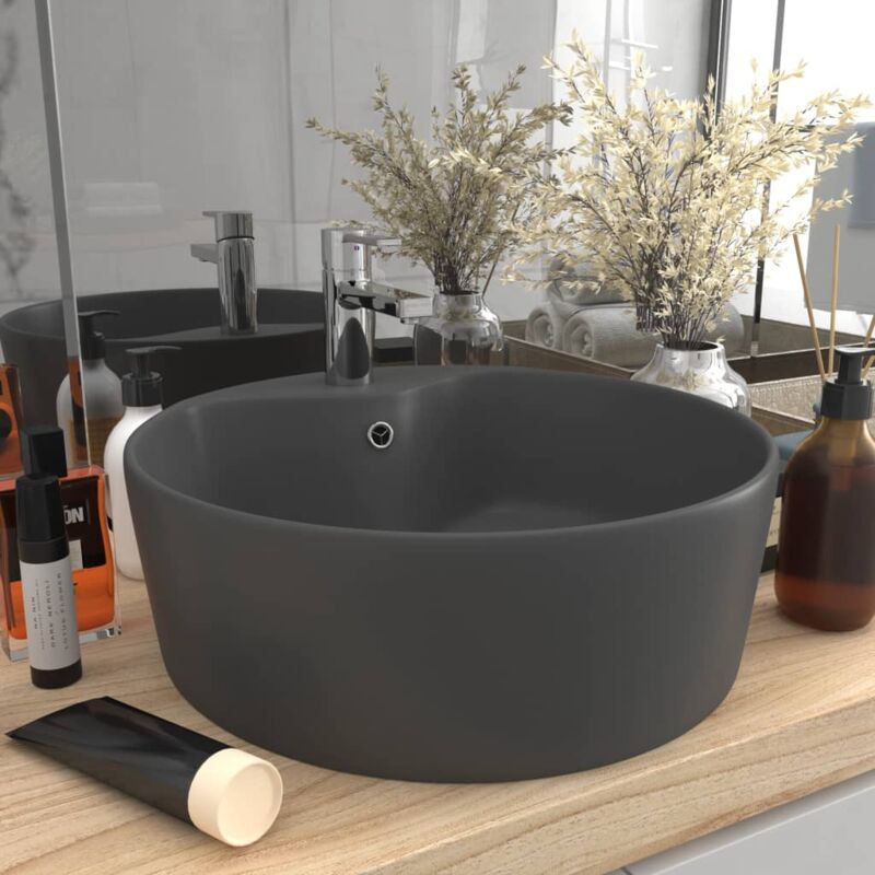Vasque à poser Lavabo à poser pour salle de bain - avec trop-plein Gris foncé mat 36x13cm Céramique BV559339 Bonnevie