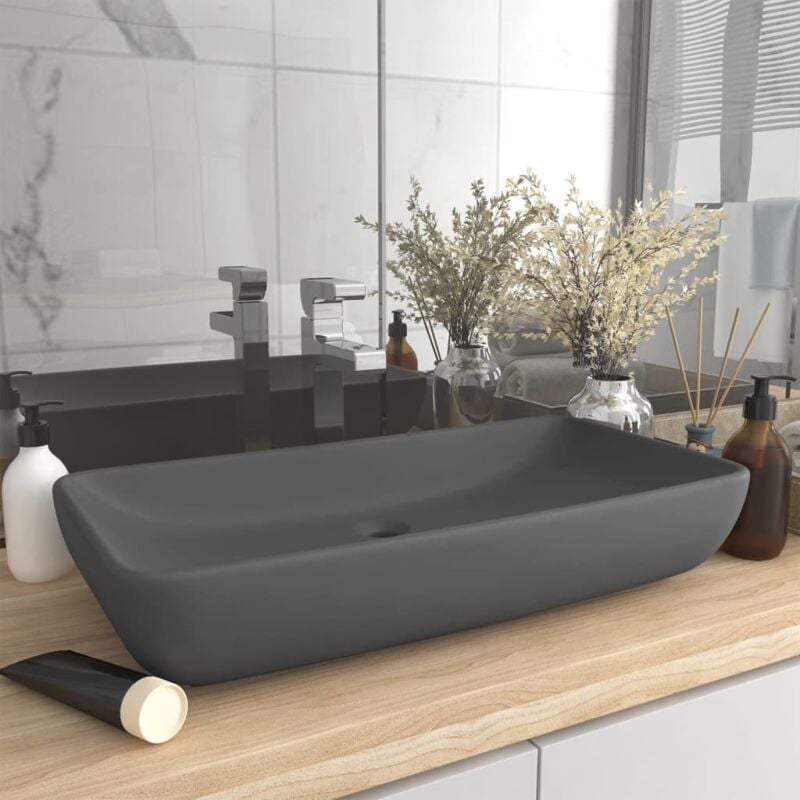 Vasque à poser Lavabo à poser pour salle de bain - rectangulaire Gris foncé mat 71x38 cm Céramique BV525226
