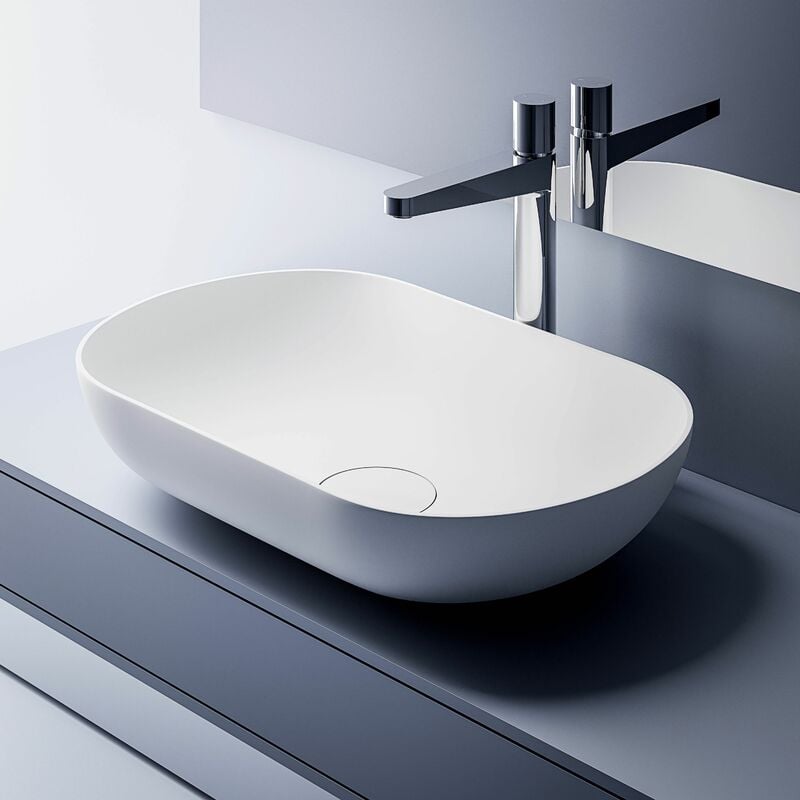 Bernstein - Vasque murale à poser design en fonte minérale pour salle de bain avec bonde et trop plein - 54x34x13 cm - O-541 - couleur au choix Blanc