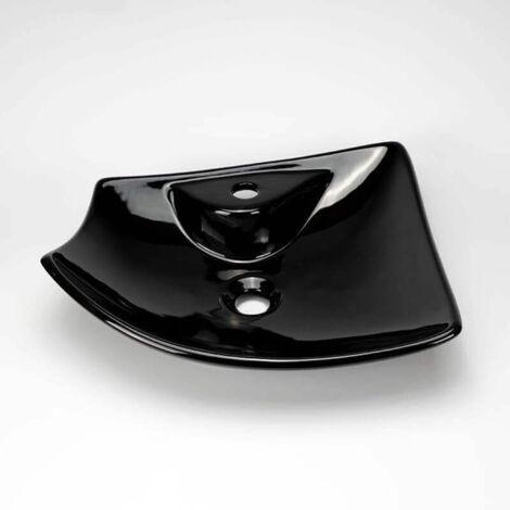 Vasque pour salle de bain avec Plage de robinetterie - Céramique Noir Brillant - 49x38 cm - Feuille