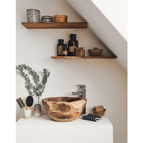 Vasque en racine de teck massif pré-percée 150-180mm – Dimensions 350-380mm – Unique pour salle de bain ou lave-mains