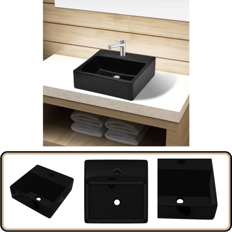 Vasque rectangulaire à trou Noir en céramique pour salle de bain - Lavabo Céramique - Lavabo Noir - Lavabo Rectangle - Meuble Salle De Bain - Évier