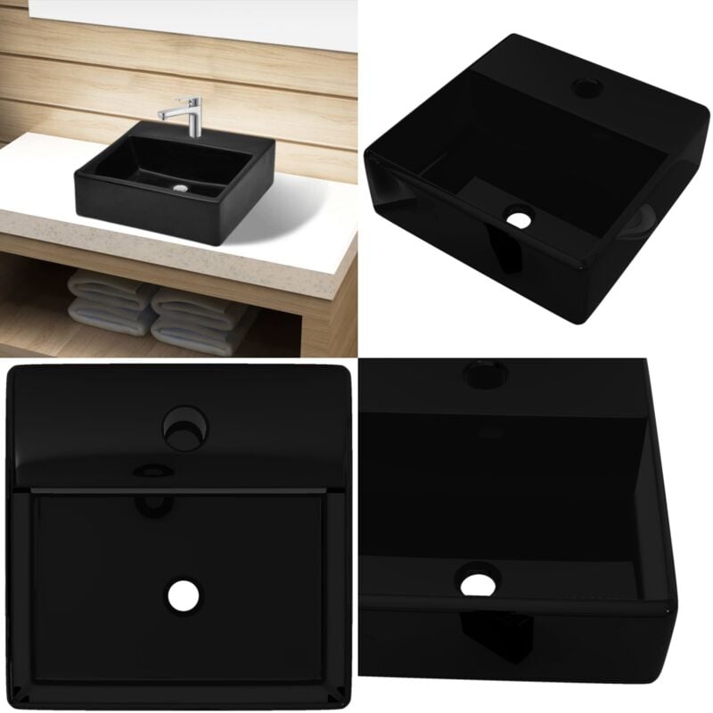 Vasque rectangulaire à trou Noir en céramique pour salle de bain - Lavabo Céramique - Lavabo Noir - Lavabo Rectangle - Meuble Salle De Bain - Évier