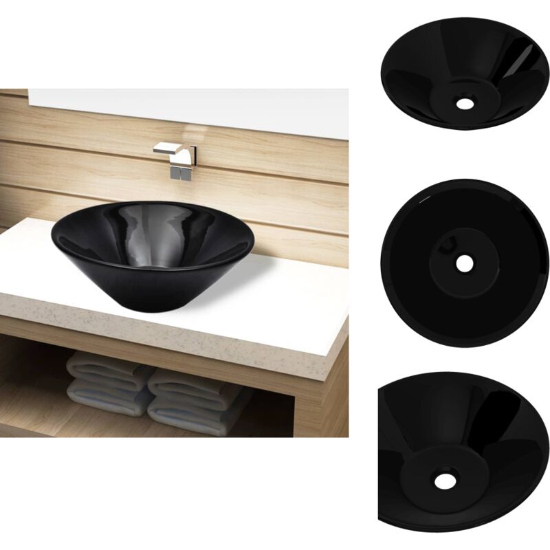 Vasque rond céramique Noir pour salle de bain - Lavabo Céramique Noir - Lavabo Salle De Bain - Meuble Lavabo - Évier Salle De Bain - Washbasin