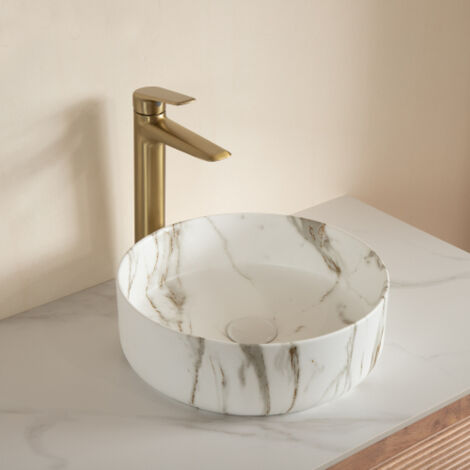 Vasque ronde de 36 cm avec revêtement en pierre, vasque seule, sans robinetterie ni bonde, sans meuble sous-vasque, blanc mat