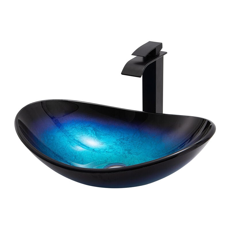 Esip - vasque salle de bain avec robinet noir, lavabo salle de bain en verre trempé bleu, vasque à poser salle de bain ovale avec Bonde de Lavabo Pop