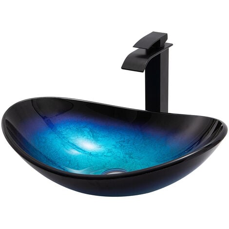 vasque à poser salle de bain ovale avec Bonde de Lavabo Pop Up et accessoires lavabo salle de bain vasque salle de bain en verre trempé bleu 