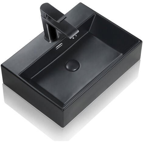 HOROW Vasque salle de bain en céramique - 60 x 42 x 14 cm - vasque rectangulaire - vasque à poser avec trou de trop-plein et robinet de vidange pop-up - vasque suspendue pour WC invités - noir mat