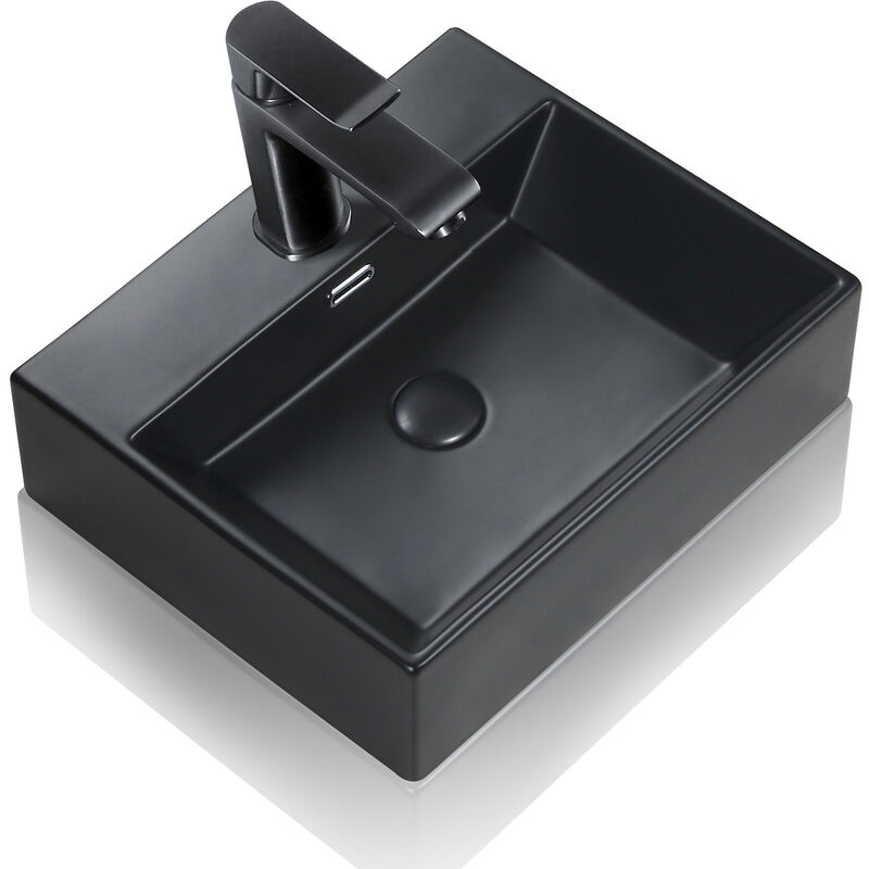 Vasque salle de bain noir mat en céramique - 50,5 x 42 x 14 cm - vasque rectangulaire - vasque à poser avec trou de trop-plein et robinet de vidange