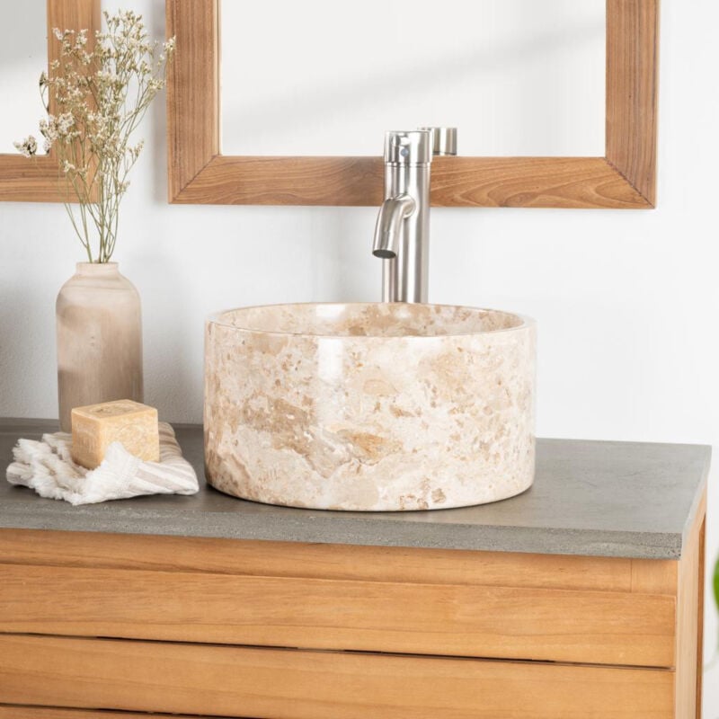 Vasque salle de bain ronde à poser en marbre Ulysse 30 cm crème