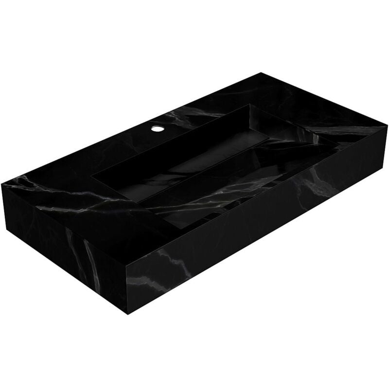 Vasque suspendue en solid surface effet marbre noir - takotna - L90.2 x l45.2 x H8 cm