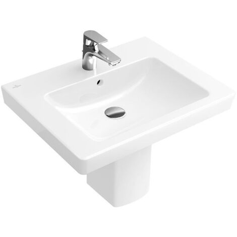 Vasques classiques, 550 x 440 mm, Rectangulaire, pour robinetterie à 3 trou s, troude robinetterie central percé,avec trop-plein, En porcelaine sanitaire Blanc CeramicPlus