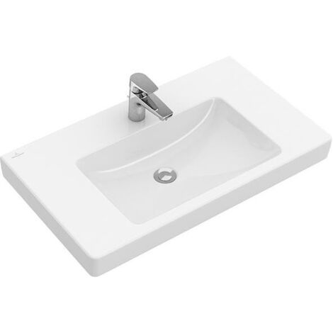 Vasques classiques, 800 x 470 mm, Rectangulaire, modèle meulé, pour robinetterie à 3 trou s, troude robinetterie central percé,avec trop-plein, En porcelaine sanitaire Blanc