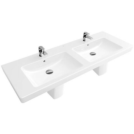Vasques doubles, 1300 x 470 mm, Rectangulaire, pour deux robinetteries à 3 trou s, trou s de robinetterie centraux percés, avec trop-plein, En porcelaine sanitaire Blanc