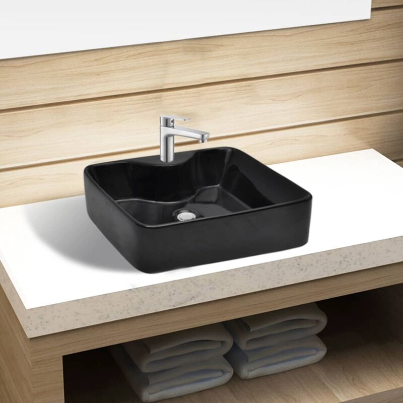 Vasque,Vasque à poser Lavabo,Évier carrée à trou pour robinet céramique Noir pour salle de bain CFW33100