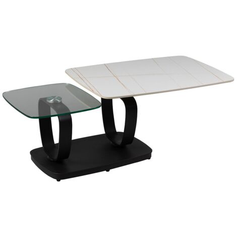 VASSILI - Table Basse Plateaux Céramique Effet Marbré Blanc Amovible et Verre Fumé