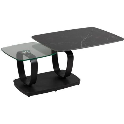 VASSILI - Table Basse Plateaux Céramique Effet Marbré Noir Amovible et Verre Fumé