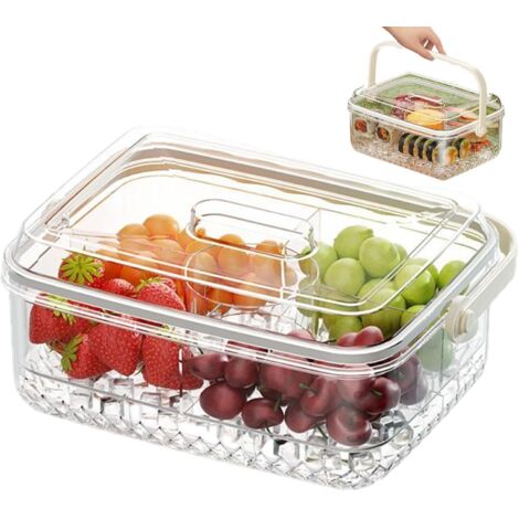 Vassoio da portata raffreddato per alimenti a 4 scomparti, vassoio per frutta con coperchio, capacità: piatto da portata trasparente con manico per frutta, verdura e antipasti.