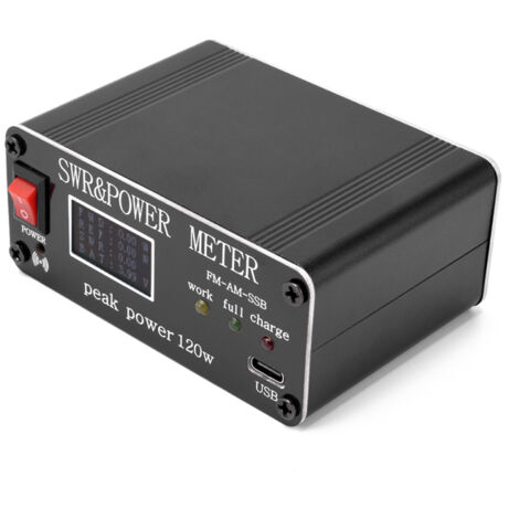 Vatímetro digital de 120 W, ROE (Relación de Onda Estacionaria) de 1,8 a 54 MHz, modos FM, AM y SSB, con alarma de ROE alta.