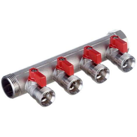 VB collettore con valvola a sfera e maniglia rossa ø1"MF 4 derivazioni Eurocono VB060504ROOD
