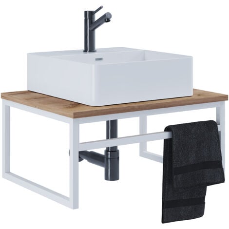 VCM 2 pz Lavabo Bagno Mobili Set Lavello Legno Metallo Stile Industriale Bitila 60 (Rovere Bianco/Miele)