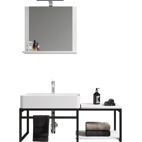VCM 3 pz Lavabo Bagno Mobili Set Lavello In Legno Stile Industriale Bitila 100 V2 (Nero / Bianco)