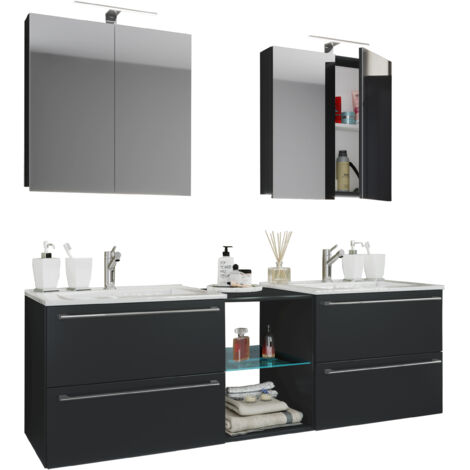 VCM 3 pz Set  2 lavabo, 2 armadietto a specchio, 2 lavabo, 1 scomparto centrale  lavabo in ceramica  mobile inferiore 155 cm  arredo bagno set doppio posto lavaggio - Badinos XXL (Nero)