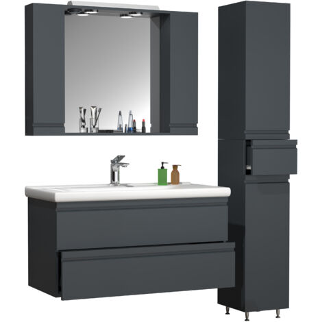 VCM 4 piezas Lavabo lavabo 100 cm muebles de baño conjunto lavabo maniobrable cajón espejo gabinete alto Silora XL (antracita)