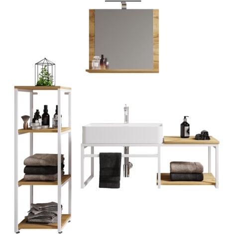 VCM 4 pz Lavabo Bagno Mobili Set Lavabo Legno Metallo Stile Industriale Bitila 100 V2 (Rovere Bianco/Miele)