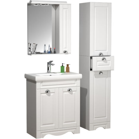 VCM 4 pz Lavabo lavabo larghezza 60 cm mobili da bagno set lavabo specchio armadio cassetto alto Landhaus Casalo L (Bianco)