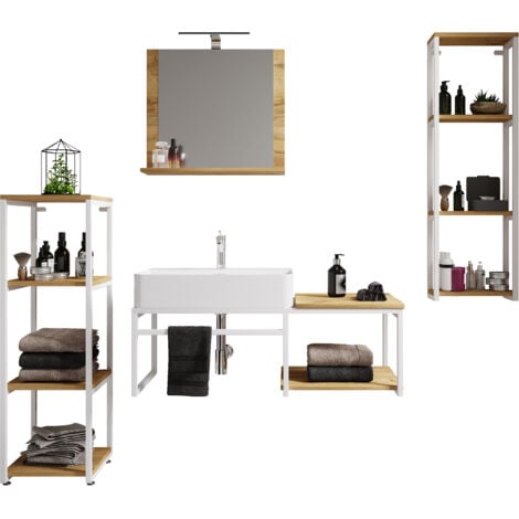 VCM 5 pz Lavabo Bagno Mobili Set Lavello Legno Metallo Stile Industriale Bitila 100 V2 (Rovere Bianco/Miele)