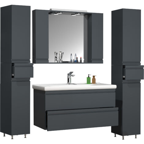 VCM 5pcs Área de lavado  Armario inferior de lavabo 100 cm  Muebles de baño con gabinete de espejo de lavabo Armario alto  Cajones sin manos  Conjunto completo Silora XL (antracita)