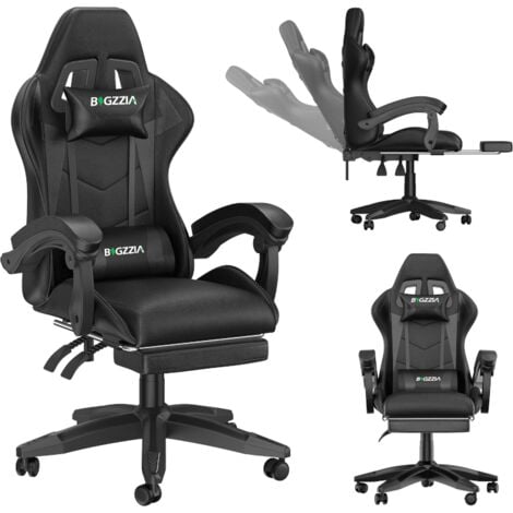 Vedio Gaming Chair with footrest, BIGZZIA Gamer Chairs with Lumbar Cushion + Headrest, black