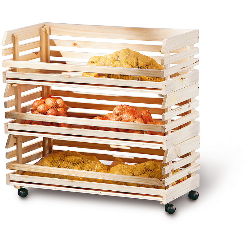 Vegam Étagère pour stockage de fruits et légumes, 3 casiers, teinte naturelle.