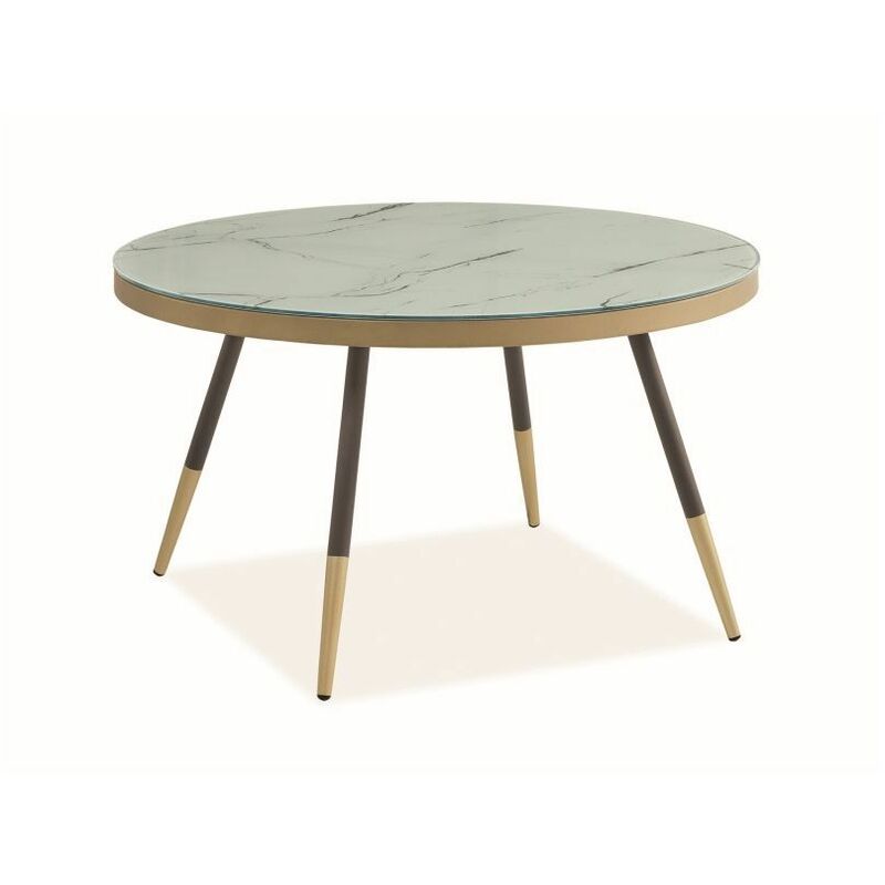 Hucoco - VEHA - Table basse ronde pour salon - 45x80x80 cm - Plateau en verre effet marbre - Pieds en métal - Table à café - Blanc