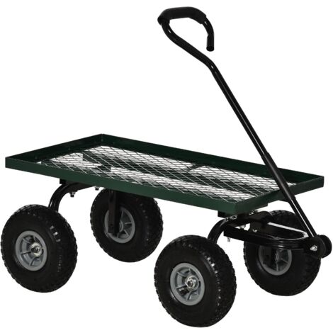 Véhicule de transport de jardin, remorque à main, 4 roues, 94 cm de long x 48,5 cm de large x 100 cm de haut, capacité de charge maximale 150 kg, métal vert.