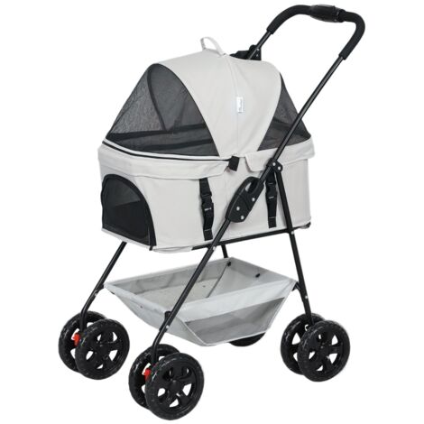 Véhicule de transport pour chiens et chats 3-en-1. Véhicule repliable pouvant accueillir un chien ou une chatte, avec 4 roues. Le porte-béquille peut être retiré. Couleur gris.