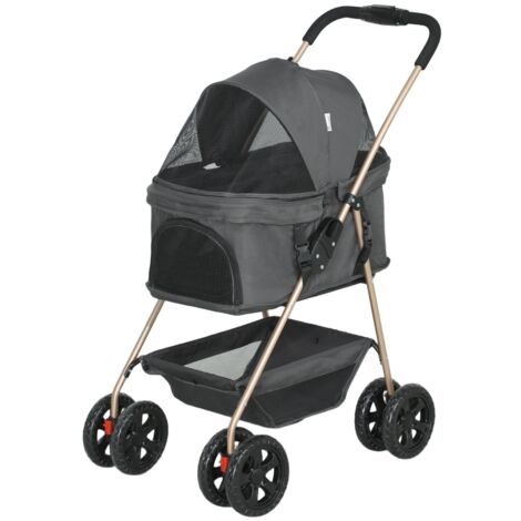 Véhicule pour animaux de compagnie 3-en-1 : véhicule rétractable pour chiens, avec 4 roues. La structure peut être retirée afin que les chiens et les chats puissent se déplacer librement. Couleur gris