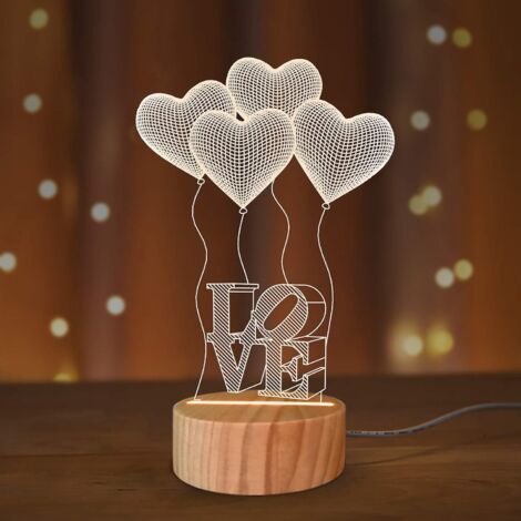 Veilleuse 3D à illusion « Je t'aime », couleurs chaudes et romantiques, en bois, faite main, cadeau d'anniversaire pour garçon ou fille