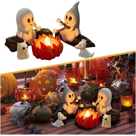 Veilleuse 3D « Feu de camp fantôme » avec flammes vacillantes - Décoration d'Halloween effrayante, scène amusante de guimauves grillées avec des animaux de compagnie, pour Noël/cadeau